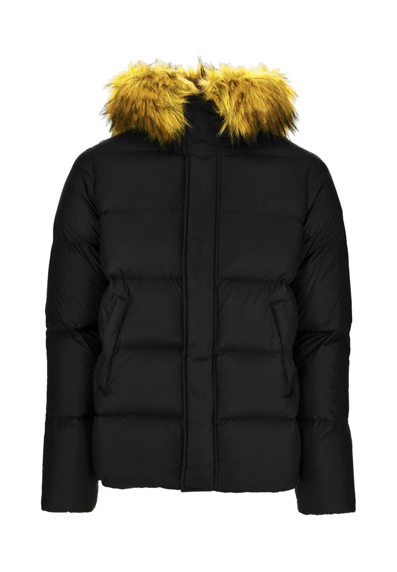 Chaqueta de invierno acolchada negra con bolsillos frontales y capucha rematada con pelo sintético amarillo y negro.