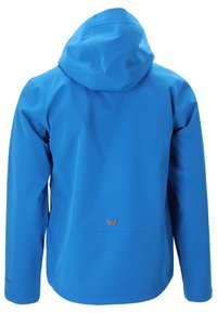 Sininen vedenpitävä takki hupulla; sileä pinta; sisältää pronssisen logon takana alaosassa; suunniteltu ulkokäyttöön; pitkät hihat.