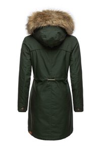 Green parka coat with a faux fur hood trim, cinched waist, long sleeves, and a straight hem. Features button and drawstring details.