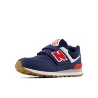 Marineblaue Sportschuhe mit roten und weißen Akzenten, strukturiertem Stoff, Klettverschlussriemen und Gummisohle. Modell 574 von New Balance.