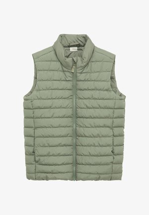 Gilet rembourré de couleur vert clair, à design sans manches, avec des coutures verticales et un col haut. Fermeture éclair à l'avant avec un détail de marque subtile.