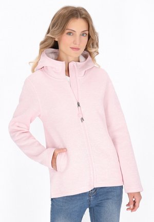 Light pink fleece jacket with a full zip and hood, featuring two side pockets, a soft texture, and contrasting inner lining.