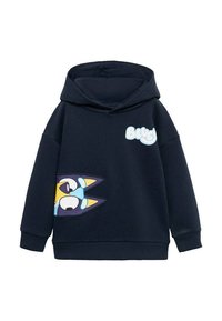 Námornícky modrá mikina s kapucňou vyrobená z bavlny, s grafickým dizajnom s modrými a žltými akcentmi na prednej a bočnej strane.