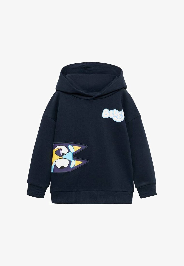 Laivaston sininen huppari, joka on valmistettu puuvillasta ja jossa on graafinen kuvio, jossa on sinisiä ja keltaisia yksityiskohtia edessä ja kyljessä.