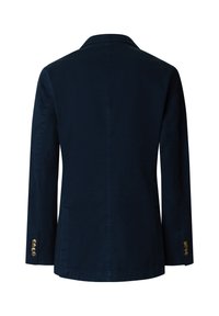 Blazer pour homme bleu marine vu de dos, avec manches longues et quatre boutons dorés sur chaque poignet.