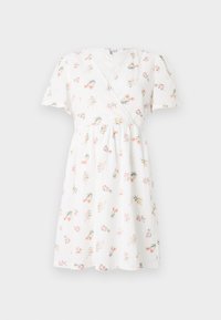 Λευκό φόρεμα τύπου wrap με κοντά μανίκια και флорал σχέδιο που περιλαμβάνει ρόζ και κίτρινα λουλούδια. Ελαφρύ, υφασμένο ύφασμα με εφαρμοστό στη μέση.