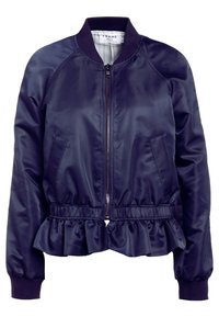 Chaqueta bomber de satén azul marino con cremallera frontal, cuello acanalado y dobladillo fruncido elástico. Presenta bolsillos laterales y una textura suave.