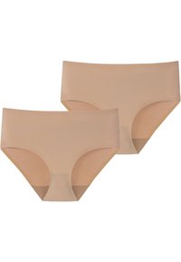 Beige Damen-Hipster-Unterwäsche, nahtloses Design, weiches Mikrofaser-Material, mit einem niedrigen Bund und einem dezenten strukturierten Band entlang der Kanten.