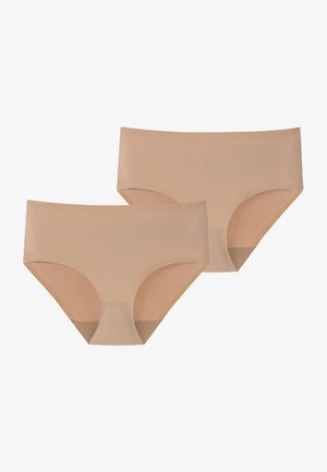 Beige Damen-Hipster-Unterwäsche, nahtloses Design, weiches Mikrofaser-Material, mit einem niedrigen Bund und einem dezenten strukturierten Band entlang der Kanten.