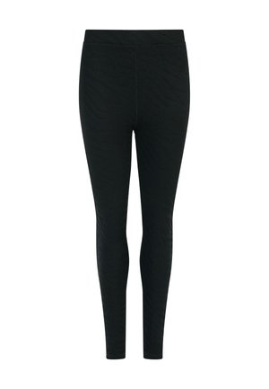 Leggings noirs avec un motif texturé, dotés d'une taille lisse. Le tissu semble doux et extensible, conçu pour un port confortable.