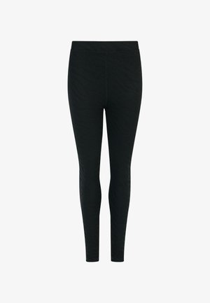 Leggings neri con un motivo testurizzato, dotati di una fascia in vita liscia. Il tessuto sembra morbido ed elastico, progettato per un comfort ottimale.