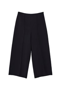 Svarta vida byxor, tillverkade av slät tyg, med skarpa veck, hög midja och lös passform, med en platt front och inga synliga knäppningar.