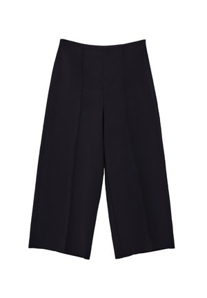 Schwarze weit geschnittene Hosen aus glattem Stoff, ausgestattet mit scharfen Falten, einer hohen Taille und lockerer Passform, mit flachem Vorderteil und ohne sichtbare Verschlüsse.