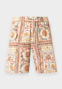 Σορτς μέχρι το γόνατο με ελαστική μέση, διακοσμημένα με πολύχρωμα, περίτεχνα σχέδια ήλιου και λουλουδιών σε ορθογώνιες πινακίδες σε μπεζ φόντο.