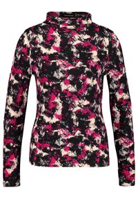 Pitkähihaista turtleneck-paitaa mustasta kankaasta, jossa on rohkea abstrakti kuvio pinkin ja kerman sävyissä. Pehmeä, tekstuurinen pinta.