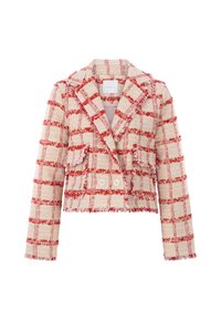 Veste cropped en tissu texturé avec un motif à carreaux rouge et crème, dotée d'un col en pointe, de deux boutons et de bords effilochés.