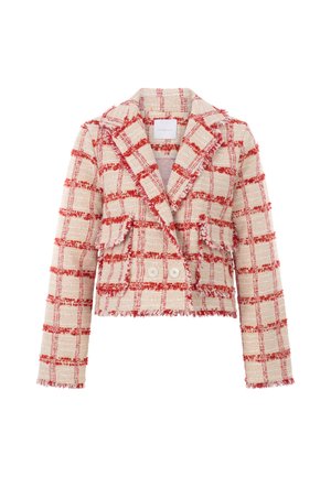 Korte jas van gestructureerde stof in een rood en crème geruit patroon, met een piekcollar, twee knopen en versleten randen.