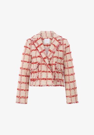 Korte jas van gestructureerde stof in een rood en crème geruit patroon, met een piekcollar, twee knopen en versleten randen.