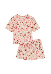Set di pigiama a maniche corte color crema con un motivo giocoso di cuori rossi, fiori e arcobaleni; include un paio di pantaloncini abbinati.
