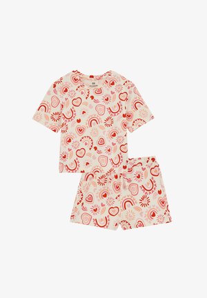 Trumpomis rankovėmis, kreminės spalvos pižamos komplektas su žaismingu raštu - raudonais širdelėmis, gėlėmis ir vaivorykštėmis; komplektą sudaro ir derančios šortai.