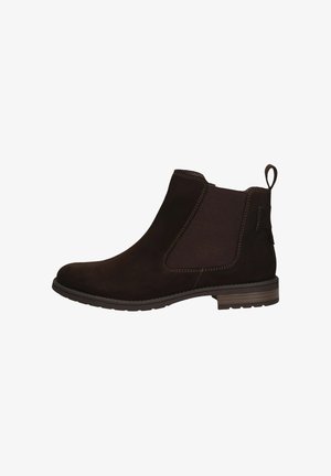 Brauner Wildleder-Ankle-Boot mit elastischen Seitenpaneelen, abgerundeter Zehenpartie, kleinem Absatz und Zuglasche. Verfügt über Kontrastnähte und eine strukturierte Sohle.