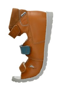 Hnědé kožené sandály s modrými suchými zipy, perforace pro prodyšnost, gumová podrážka a zesílený kotník.