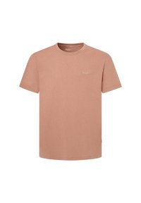 Camiseta de algodón de color rosa claro con mangas cortas, cuello redondo y un pequeño logo blanco en la parte superior izquierda. Textura suave y corte regular.