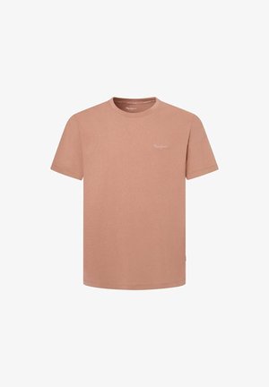 Světle růžové bavlněné tričko s krátkým rukávem, kulatým výstřihem a malým bílým logem na horní levé straně. Hladká textura a standardní střih.