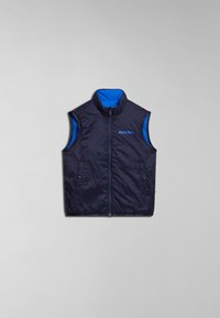 Mörkblå ärmlös väst med hög krage, har en enfärgad design, framzipper och kontrasterande innerfoder i blått. Två sidfickor.