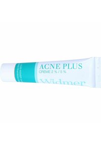 Widmer Acne Plus Creme Tube, mit weißem Körper und türkisfarbenen Akzenten, beschriftet mit 2%/5% Creme; glattes, flexibles Material mit einer spitzen Düse.