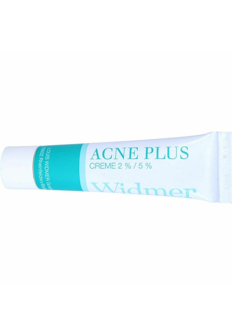 Widmer Acne Plus Creme Tube, mit weißem Körper und türkisfarbenen Akzenten, beschriftet mit 2%/5% Creme; glattes, flexibles Material mit einer spitzen Düse.