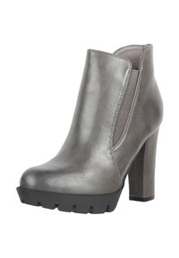 Szary skórzany botek za kostkę z masywnym wysokim obcasem, elastycznymi panelami po bokach oraz teksturowaną gumową podeszwą z bieżnikiem.