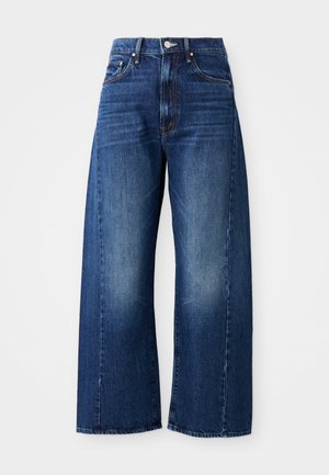 Jeans de pierna ancha en denim azul oscuro, con una cintura alta, diseño de cinco bolsillos y un ligero desgaste en los muslos.