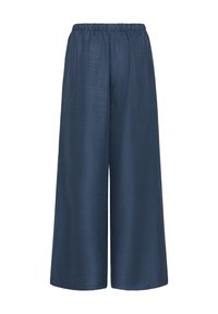 Tamsiai mėlynos plačios kelnės su elastinga juosmens juosta, lygiu audiniu ir laisvu siluetu.