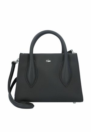 Borsa nera textured con due manici superiori e una tracolla staccabile. Presenta dettagli del logo in argento e distintive accentuazioni allungate simili a orecchie.
