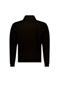 Zwarte pullover sweatshirt met een kraagloze halslijn en lange mouwen. Soepele textuur en ribgebreide manchetten bij de pols en onderrand. Geen zichtbare logo's.