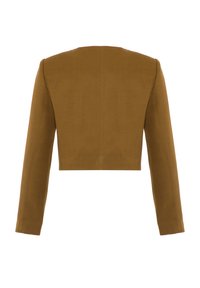 Brun kort jacka, slät tyg, långa ärmar, enkel design, inga dekorationer, rakt skuren i botten, rena linjer.