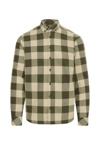 Grønn og beige rutete langermet skjorte med knapper, med knappet krage og mansjetter, vist på en hvit bakgrunn.