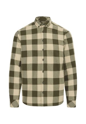 Camicia a maniche lunghe a scacchi verde e beige, con colletto e polsini abbottonati, esposta su uno sfondo bianco.