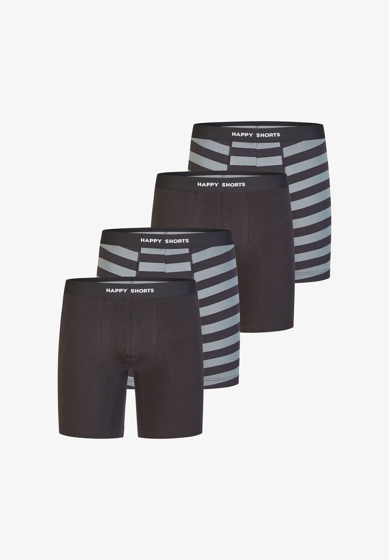 Sada boxer šortek obsahující dva jednobarevné tmavě šedé kusy a dva pruhované šedé kusy, s elastickými pásy se značkou "HAPPY SHORTS".