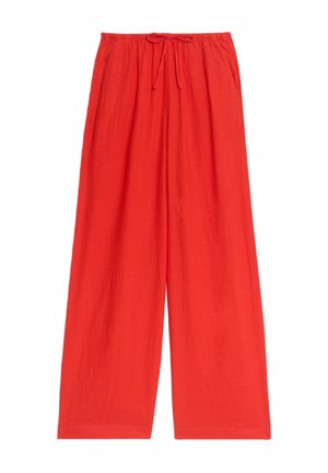 Pantaloni rossi a gamba larga con vita elastica e cordoncino. Realizzati in tessuto morbido con una texture liscia. Senza tasche o fantasie.