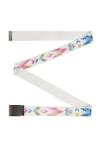 Ceinture en tissu tissé blanche avec des motifs géométriques multicolores. Équipée d'une boucle en métal pour un maintien sécurisé.
