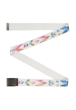 Geweven stoffen riem in het wit met multicoloren geometrische patronen. Heeft een metalen haaksluiting voor een veilige bevestiging.
