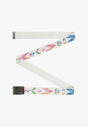 Geweven stoffen riem in het wit met multicoloren geometrische patronen. Heeft een metalen haaksluiting voor een veilige bevestiging.
