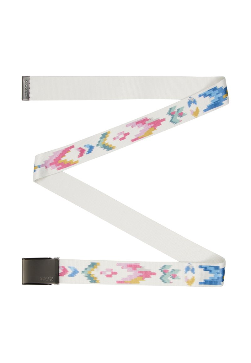 Ceinture en tissu tissé blanche avec des motifs géométriques multicolores. Équipée d'une boucle en métal pour un maintien sécurisé.
