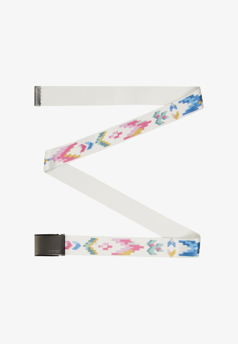 Ceinture en tissu tissé blanche avec des motifs géométriques multicolores. Équipée d'une boucle en métal pour un maintien sécurisé.
