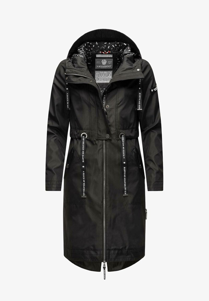 Zwarte waterdichte parka met een aansluitende taille, ritsluiting, toggles en een gemêleerde voering. Voorzien van voorzakken en een verstelbare capuchon.