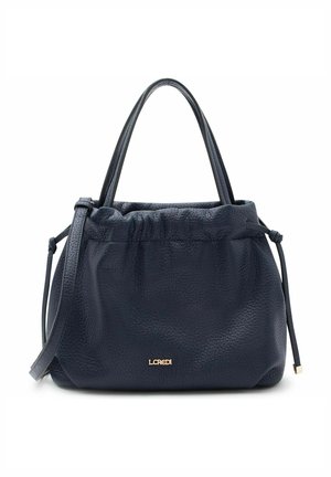 Borsa a mano in pelle texturizzata blu navy con doppi manici superiori, tracolla regolabile, fianchi con coulisse e piccolo logo dorato "L.CREDI".