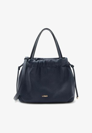 Sac à main en cuir texturé bleu marine avec double poignée supérieure, bandoulière réglable, côtés à cordon de serrage et petit logo doré "L.CREDI".