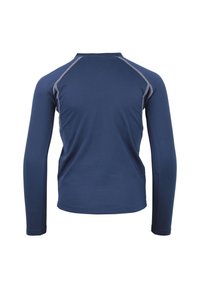 Chemise à manches longues en tissu bleu foncé, dotée de manches raglan et de coutures grises contrastantes le long des coutures. Texture lisse, coupe ajustée.